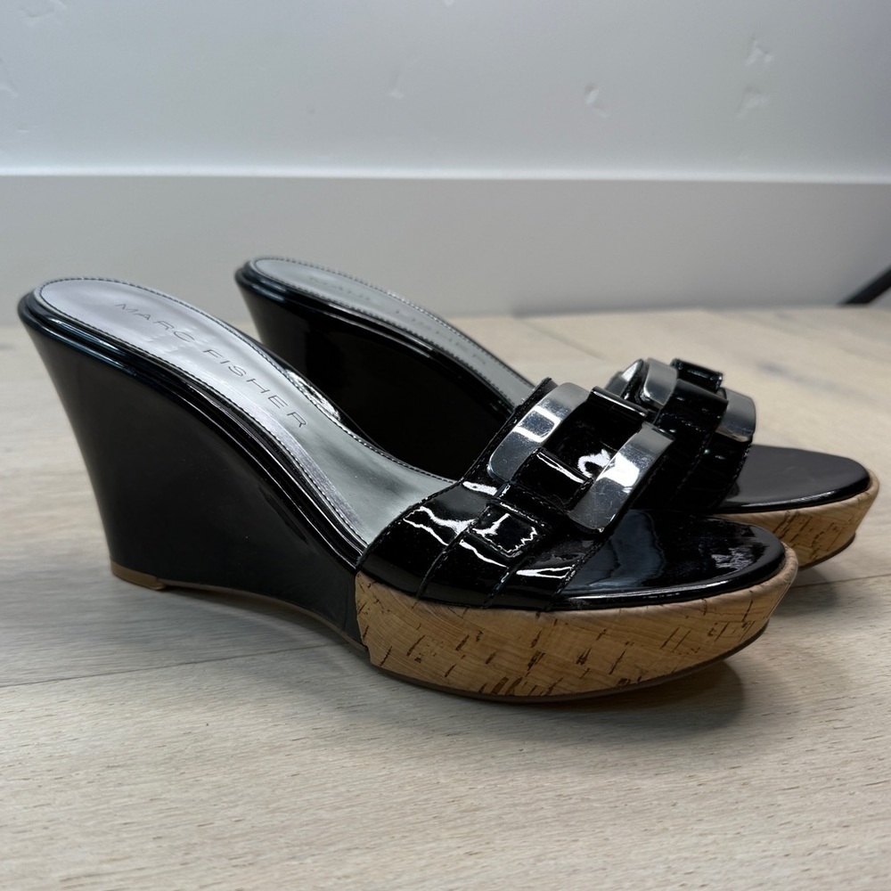 Marc Fisher Black Patent Wedge Sandals